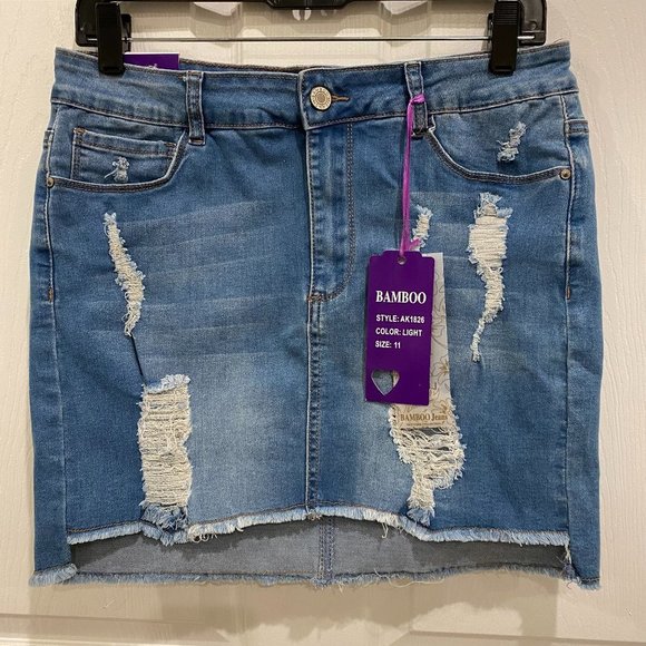 BAMBOO Dresses & Skirts - Bamboo Junior Women Jean Skirt Distressed Light Wash Mini Size 11 #0227